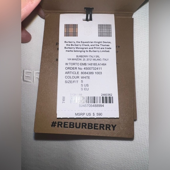 Burberry White Logo Embroidered Cropped Crewneck | White | Size Small | NWT - Picture 6 of 7